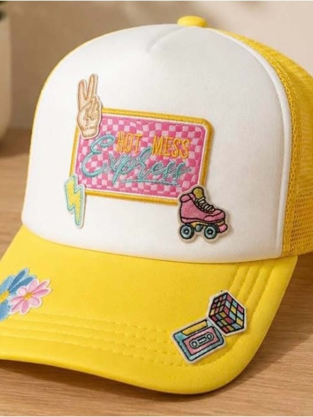 Kids Yellow & White Patchwork Trucker Hat - Hot Mess Express